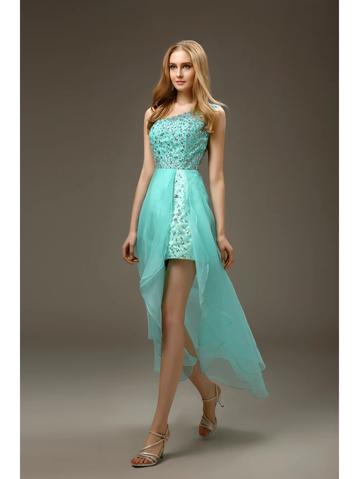 Mint One Shoulder High Low Short Prom Dresses Bling Beaded Crystals