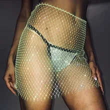 С украшением в виде кристаллов Стразы Для женщин ажурные Юбка из сетчатой ткани летние открытые пляжные Клубные вечерние мини Короткая юбка фестиваль праздничная одежда