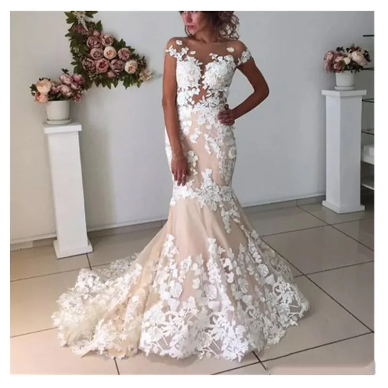

Champagne Mermaid Wedding Dresses Backless 2019 Robe de mariee Vintage Lace Bridal Gown Lace Up Back