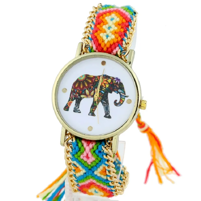 

Gnova Platinum Indian Elephant Lace Watch Women Golden Chain Dress Woman Ethnic Wristwatch Hippie Fabric Fashion Student School