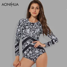 AONIHUA геометрический принт облегающий Цельный купальник для женщин с длинным рукавом для серфинга пуш-ап купальники женские купальные костюмы 2158
