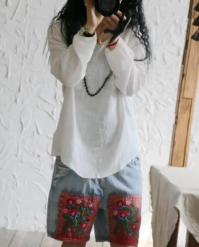 

Tees summer new short sleeve women's shirt embroidered button-button flower blusa female tops