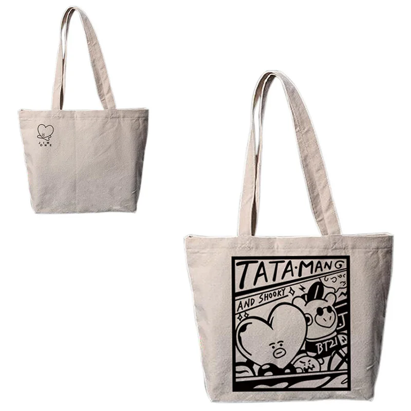 New Kpop BTS Bangtan TATA MANG And Shooky Same handbag Cartoon Canvas Bag Fashion Schoolbag Shoulder Shopping Sling | Женская одежда