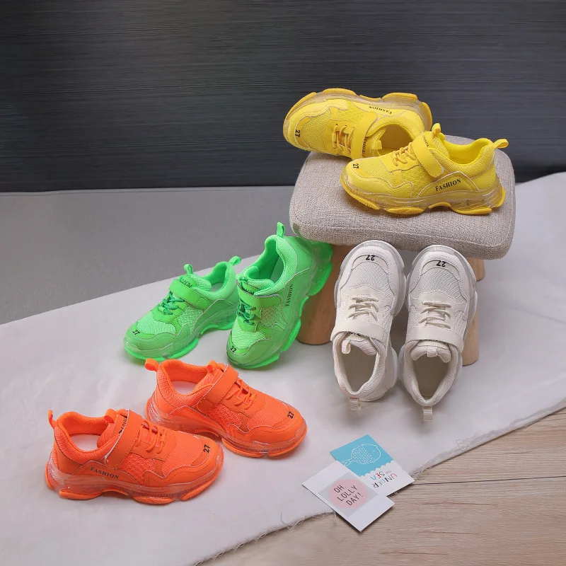 Сетчатые светящиеся кроссовки для мальчиков и девочек, повседневные школьные кроссовки для малышей, малышей, маленьких и больших детей, детская обувь зеленого, желтого, оранжевого цвета