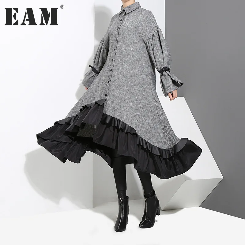 EAM 2018 New Spring Lapel Long Sleeve Bandage Solid Color Gray Big Hem Irregular Loose