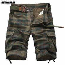 AIMENWANT 2017 Hot Selling Causal Cotton Khaki Plaid Pocket Straight Mens Cargo Shorts Fashion Workout Knee