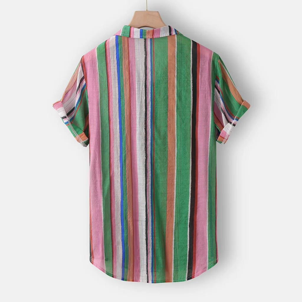 Fashion Men's Casual Button Hawaii Striped Print Beach Short Sleeve Top Blouse Stylish Men's Breathable Stripe Summer