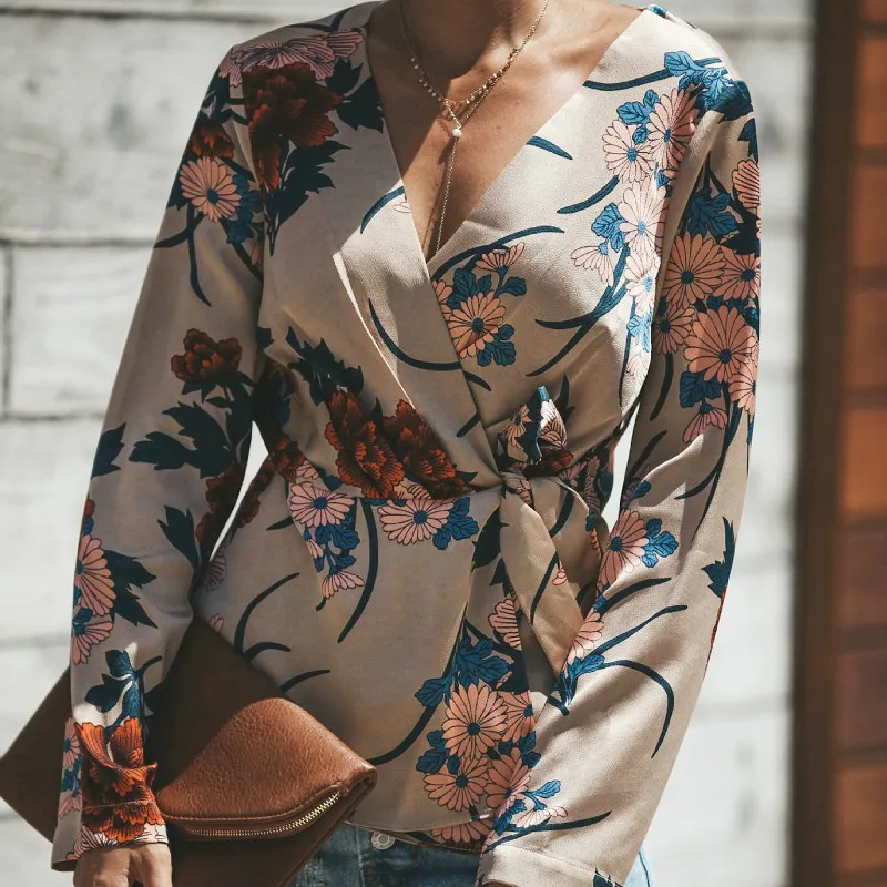 

Women Fashion Floral Blouse Elegant Long Sleeve OL Shirt Autumn Chiffon Tops Lace Up Tunic Vintage Chemise Femme Blusa Feminina