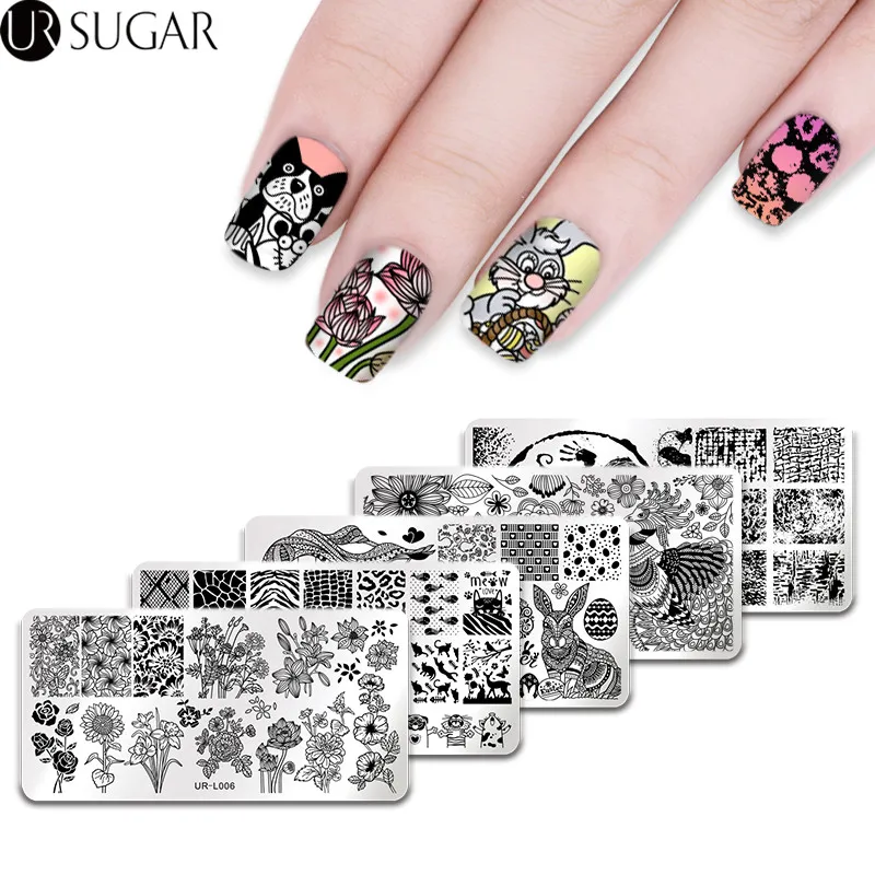 

UR SUGAR Nail Stamping Template Rose Flower Stars Moon Butterfly Grid Rectangle Nail Art Image Stamp Plate DIY Stamping Polish