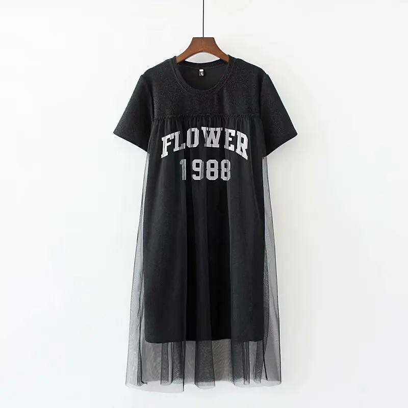 

Oversized Plus Size Summer Short Sleeve O-Neck Mesh sun-top Two Piece Ladies Dress 2018 New Fashion Lurex Vestidos Female 5XL