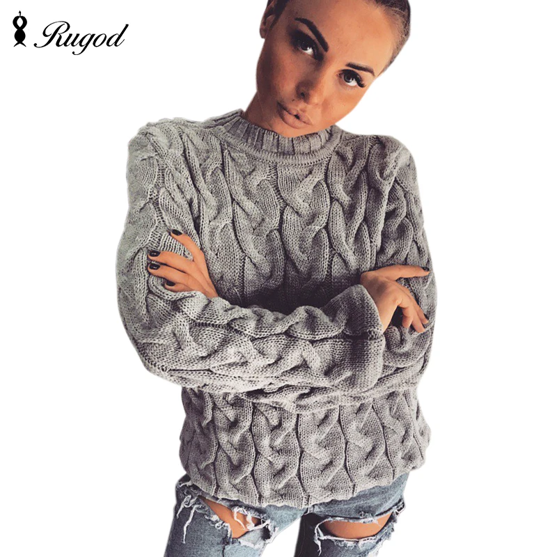 

RUGOD Women 2017 Spring Twisted Knitted Sweaters and Pullovers Autumn Winter Loose Knitwear O Neck Long Sleeve Sweter mujer