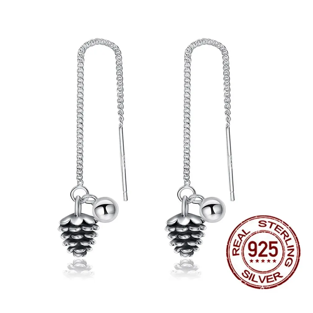 

S925 Sterling Silver Ear Line Long Type Female Drop Earrings With Pinecone Shape Pendant Allergy-free Jewelry For Women