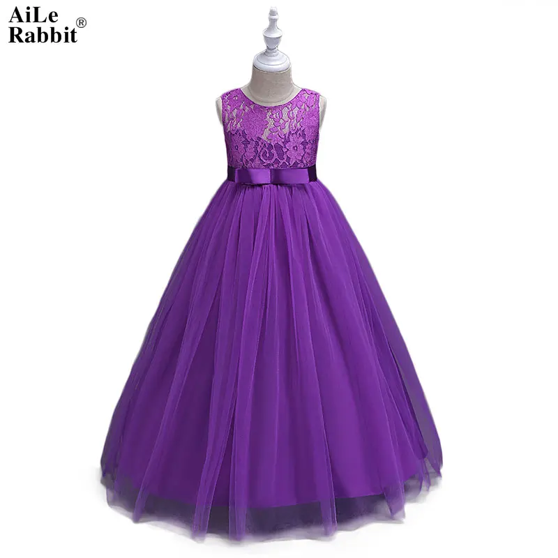 AiLe Rabbit 2018 Girls Fashion Dress Party Dress Lace Bow Long Dress Big Girl 4 14 Years Old