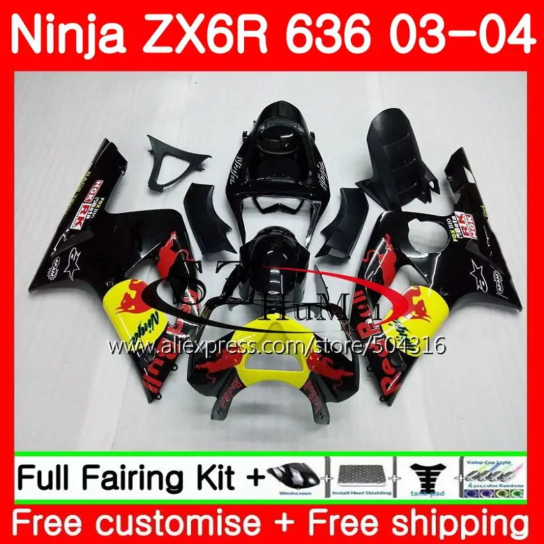 

Body For KAWASAKI NINJA ZX-6R 03-04 ZX-636 ZX600 ZX636 10SH9 ZX 636 On Sale black 600CC ZX6R 03 04 ZX 6R 2003 2004 Fairings kit