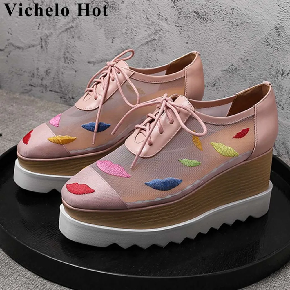 

Vichelo Hot plus size colorful labium embroidery wedges high bottom lace up Punk European mesh breathable increased shoes L01