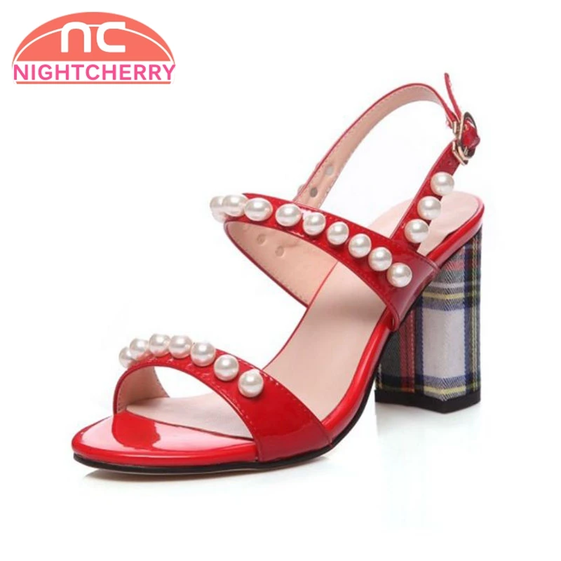 

NIGHTCHERRY Women High Heel Sandals Beads Buckle Open Toe Genuine Leather Sexy Women Shoes For Party Wedding Footwear Size 32-42