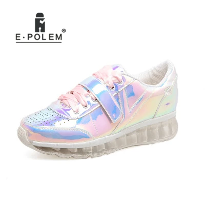 

New Arrival Women Patent Leather Shoes Casual Pink Lace-Up Pumps Shoes Silver Low Platform Shoes With Hook & Loop 2401