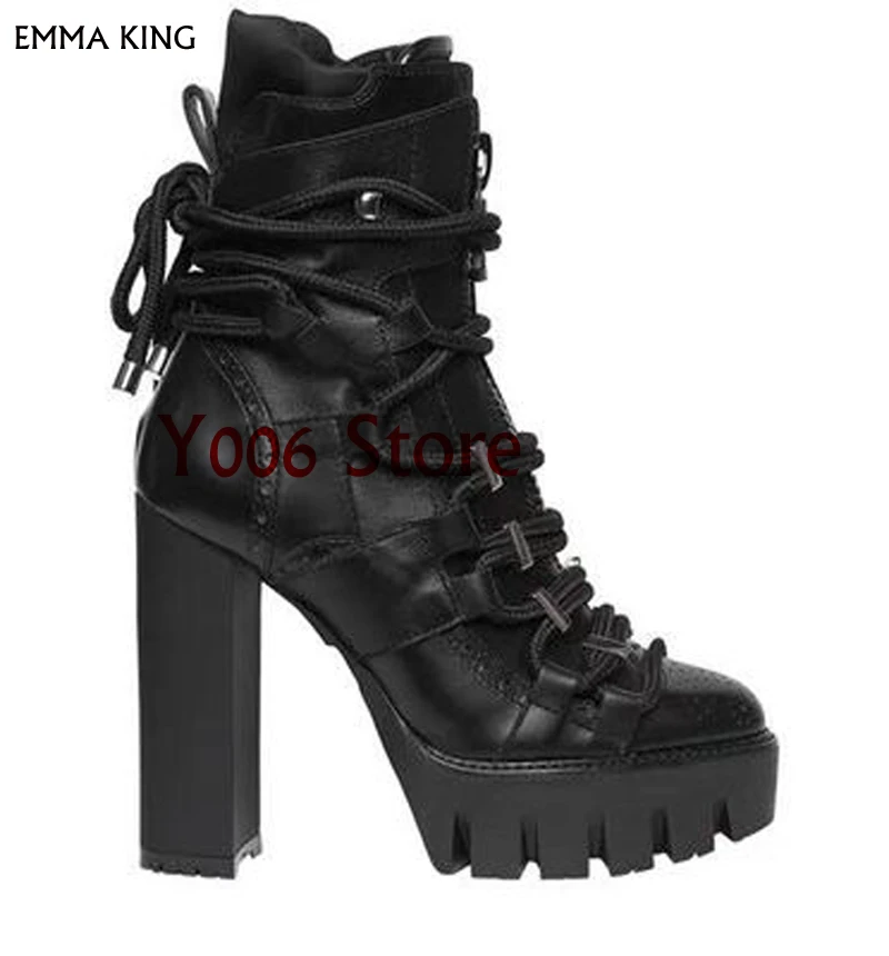 

Luxury Round Head Lace-up Ankle Boots For Women Thick Heel Booties custom Botas Mujer 2019 Trendy Shoes Woman Heels Ladies Shoes