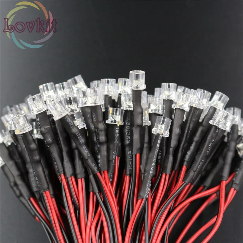 50pcs 5mm Pre Wired Resistor Flat top Green LED 12v DC 20cm Wide Angle