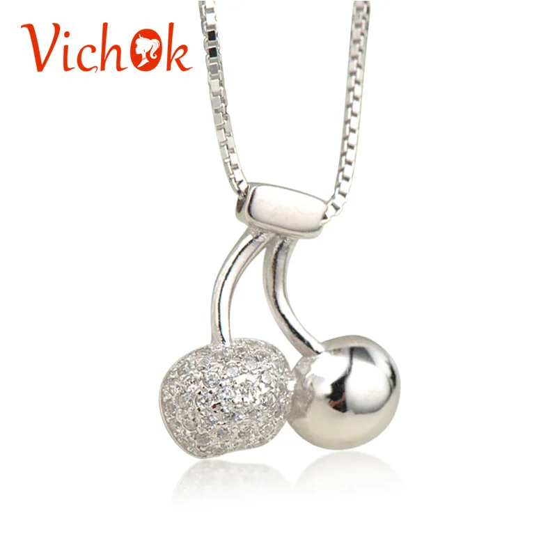 

VICHOK Fruit Cherry necklace pendant Sterling Silver Necklaces for Women Wedding Silver 925 Jewelry ras de cou