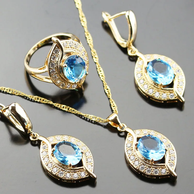 Classy Jewelry Set For Women sky Blue Crystal stone White Zircon Gold ...