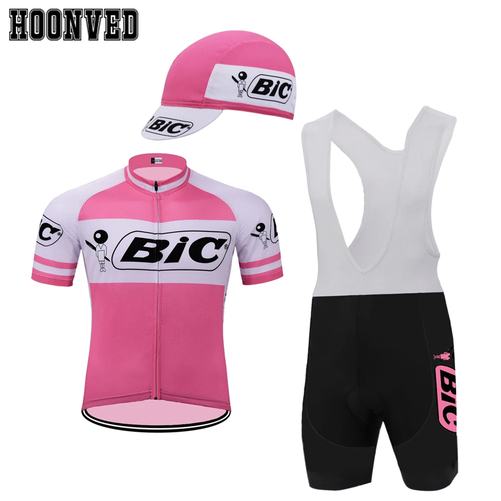

The 2019 New team racing Man Classic Pink Bic Retro cycling suit Short sleeves Bib Shorts 9D Gel Pad maillot ciclismo Montar