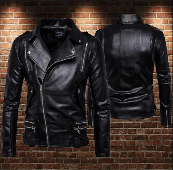 

Multiple zipper motorcycle leather jacket men Large lapel short clothes mens leather jackets and coats biker punk rock black