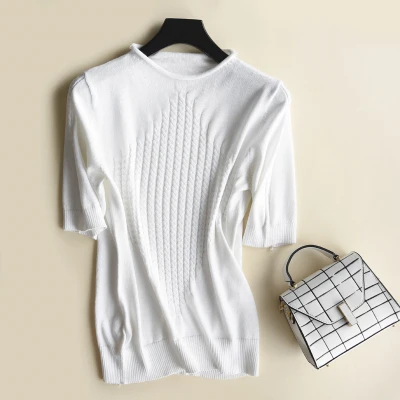 Летний свитер с круглым вырезом и короткими рукавами тонкая свободная однотонная приталенная рубашка модная элегантная - Цвет: Белый