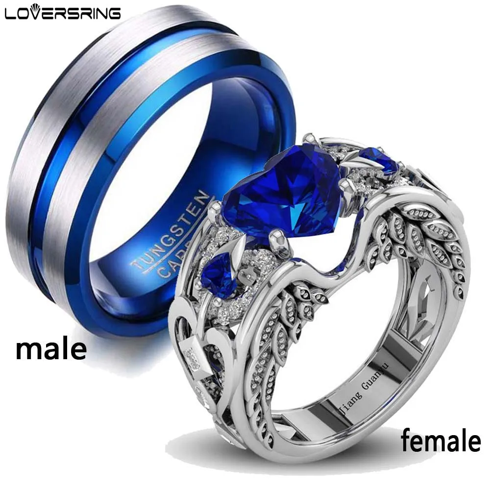 Loversring 2 Rings Couple Rings Bridal Jewelry Heart cut Blue Cubic