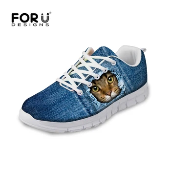 

FORUDESIGNS Fashion Mens Casual Shoes Blue Denim Animal Cat Pet Dog Printed Lace-up Breathable Shoes for Men Leisure Male Flats