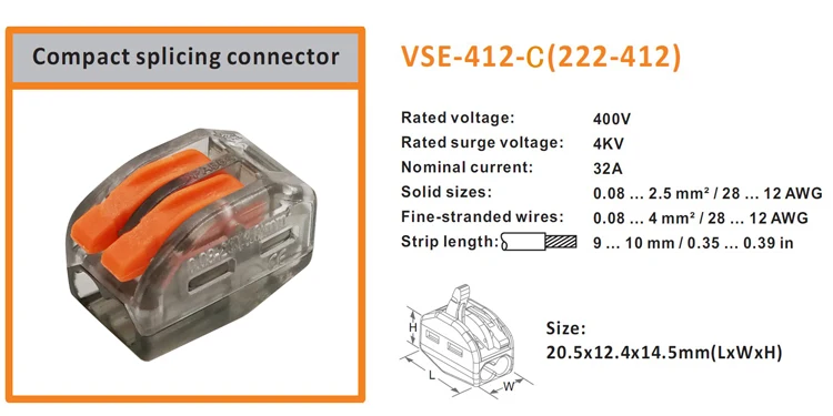 60 шт./кор. VSE-412C соединители проводов для муки тонкого помола-мель и твердые провода Американская классификация проводов 2р Тип штепсельной вилки весенний зажимной мини 222-412 клеммной колодки