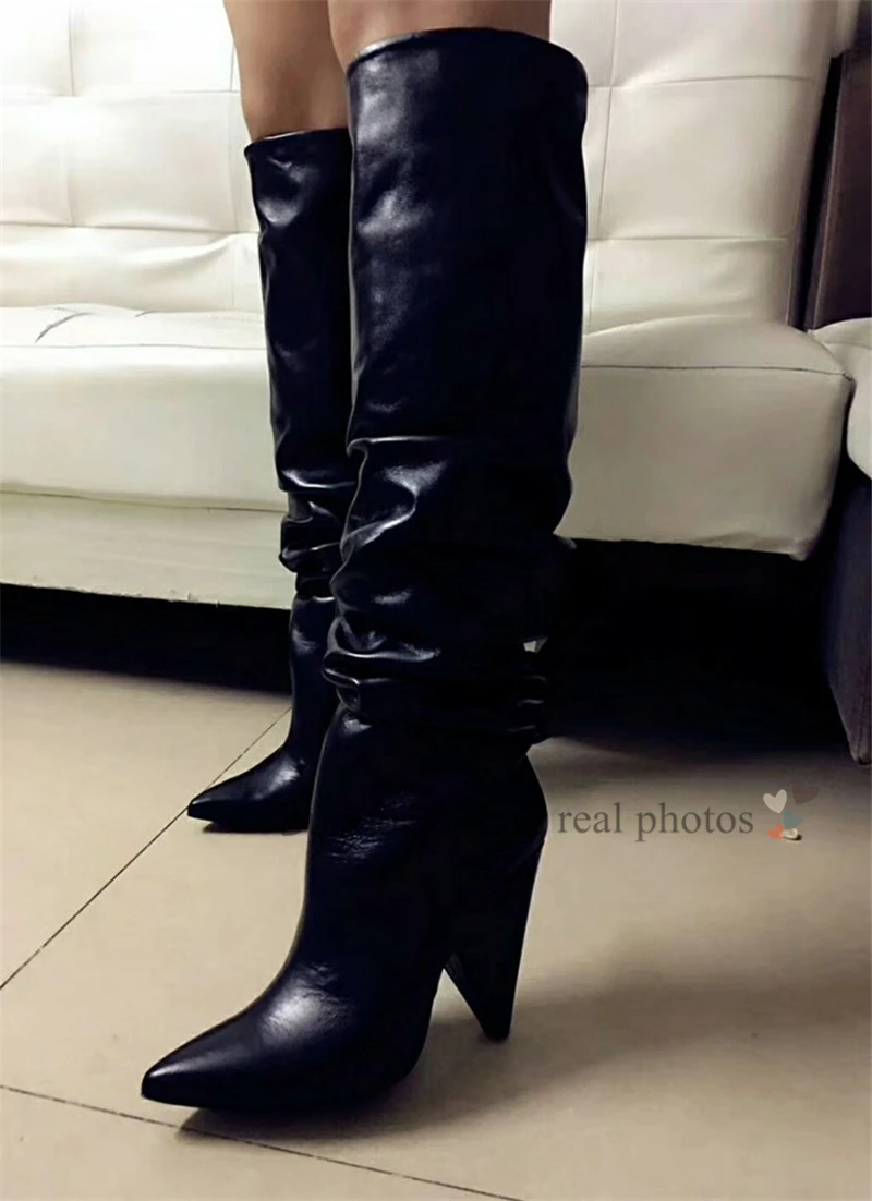 BuonoScarpe Leather Knee High Boots Woman Pointed Toe Strange High Heel Shoes Women Chic Spike Heel Long Pleated Boots New