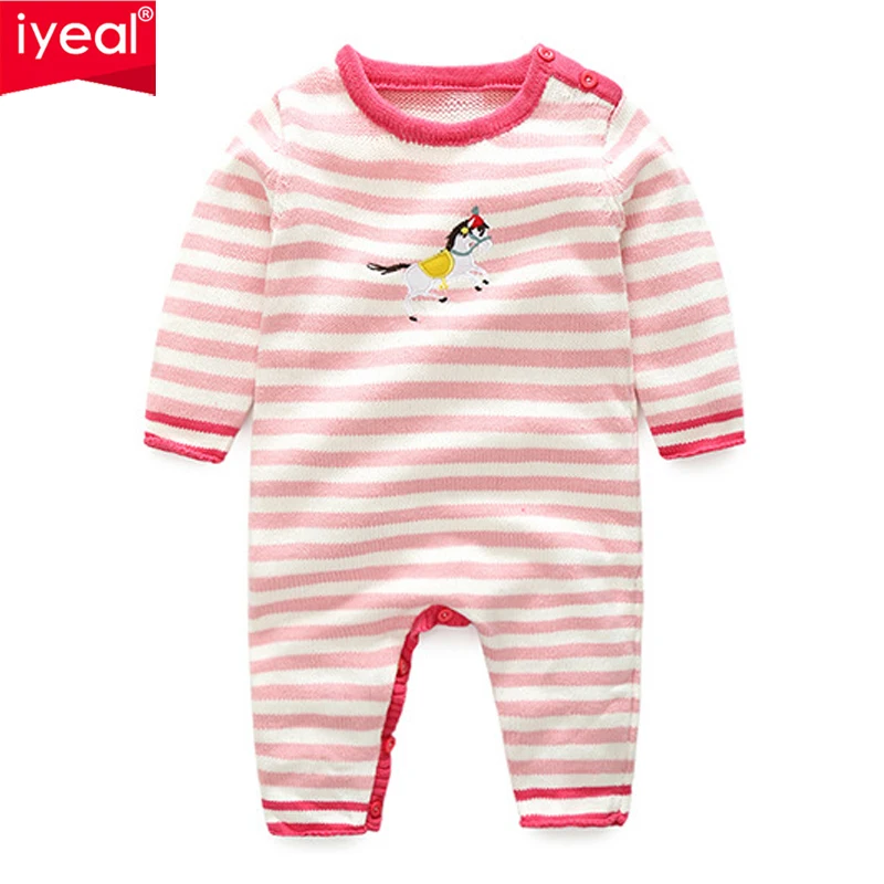 

IYEAL Kids Baby Girls Romper Knitted Stripes Jumpsuit Cotton Embroidery Animal Pattern Baby Boy Clothes Newborn Infant Outfits