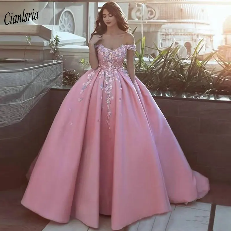 

Pink Saudi Arabic Ball Gown Evening Dress With Handmade Flowers Appliques Dubai Islamic Kaftan Formal Evening Party Dresses