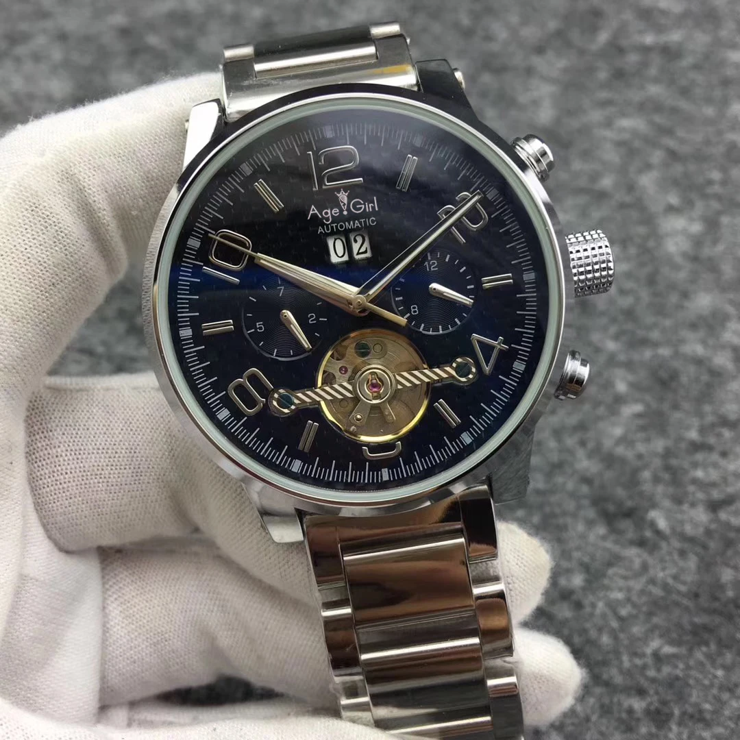 

Luxury Brand Men Automatic Mechanical Watches Stainless Steel Brown Leather Luminous Calendar Tourbillion Sapphire Sport Watch