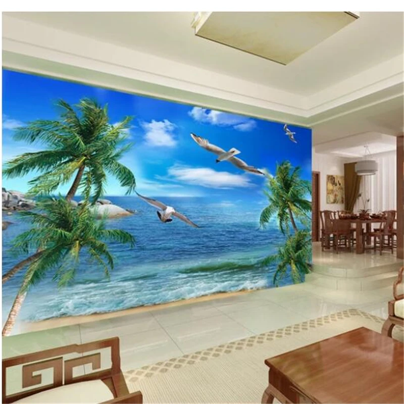 wellyu  Custom wallpaper  papel de parede  Hd seagull coconut tree TV background wall  wall papers home decor	  wallpaper