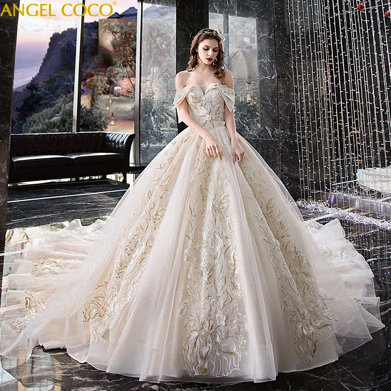 

Real Photo High Quality Royal Dubai Wedding Dresses 2019 Off the Shoulder Ball Gown Bridal Dress Lace Beaded Vestido de Novia