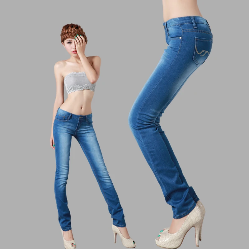 Free Shipping Blue Color Straight Jeans Women Slim Skinny Pants Low