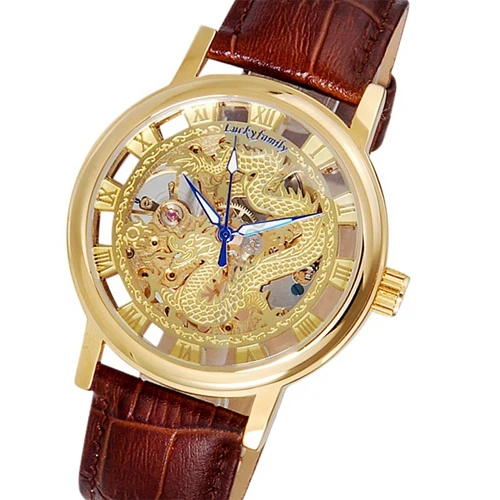 

G8110 Unisex Dragon Pattern Cut-out Manual Wind Analog Mechanical Mens Watches with Faux Leather Strap Siver Gold Wristwatches