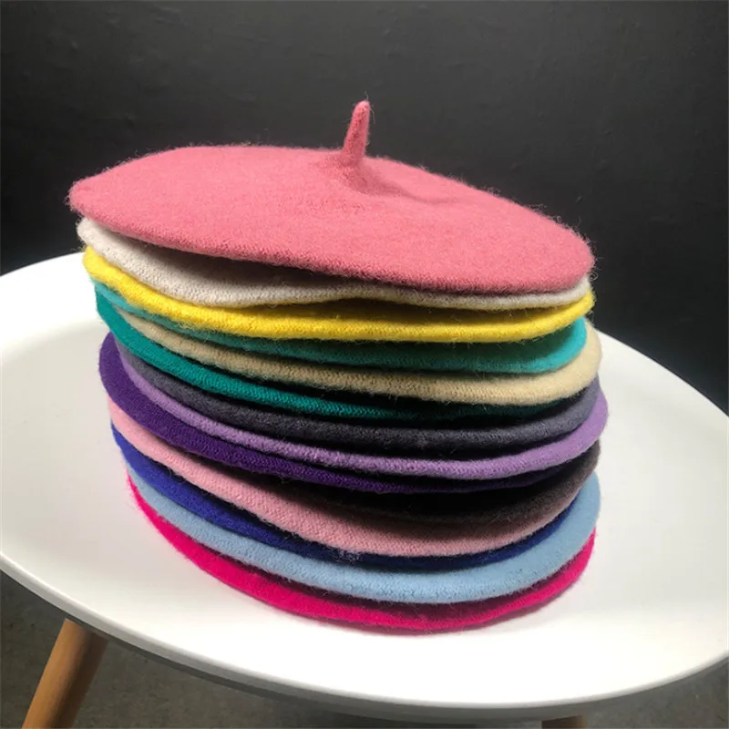 Горячая Распродажа, дешевые модные новые женские шерстяные одноцветные береты, женские зимние теплые шапки, шапка для прогулок, 19 цветов