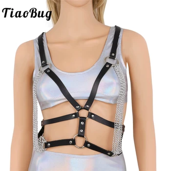 

TiaoBug Fashion Women Punk Faux Leather Chest Harness Hot Sexy Chain Bondage Waist Belt Gothic Rave Caged Bra Club Party Costume