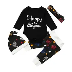 Oklady Yoveme/Детские Рождественские наряды для девочек, новогодний комбинезон с длинными рукавами и буквенным принтом, штаны, шапка, комплект