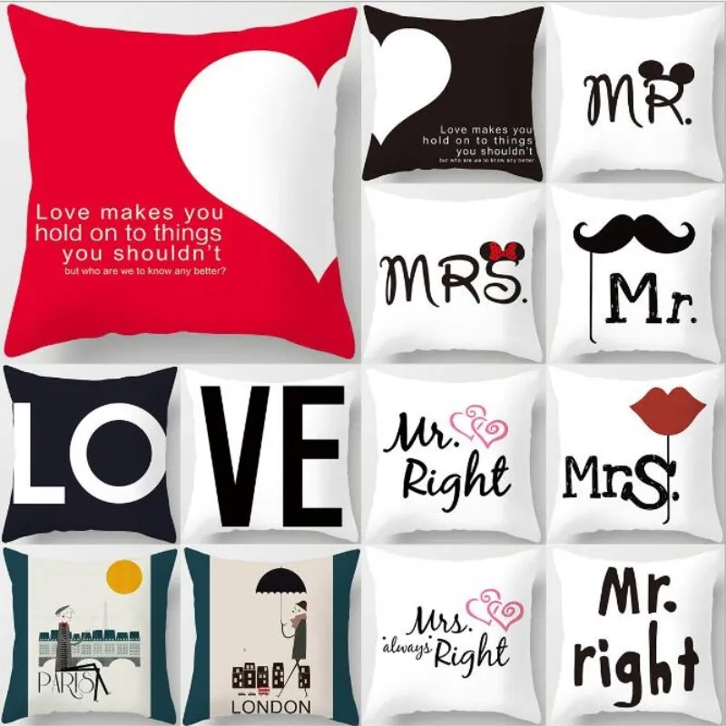 

45*45cm Couple Lover Mr & Mrs Cushion Cover Mr Right Square Throw Pillowcase Wedding Home Decorative Pillows Case Valentine Gift