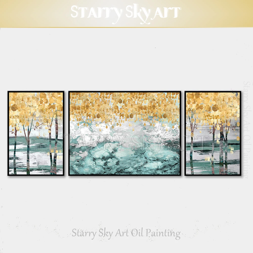

Professional Artist Hand-painted 3 Pieces Set Golden Tree Oil Painting on Canvas Pop Art Abstract Golden Oil Painting Decoration