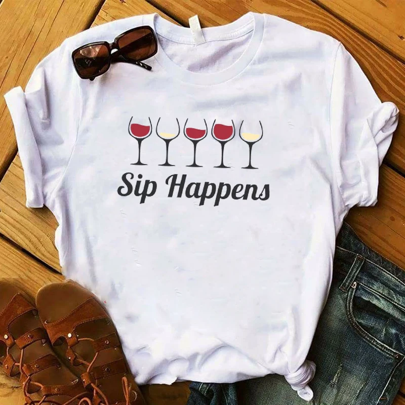 

2019 Women Shirt Printing Summe Wine Cup Graphic Printed Top Tshirt Female Fashion Womens Short Sleeve T T-shirt
