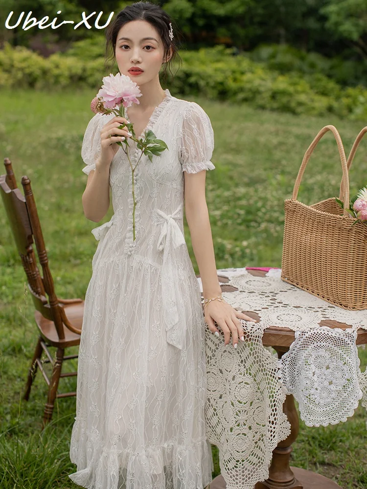 

Ubei Summer white lace long dress French Victoria small waist slimming dress sweet super fairy temperament fairy dress