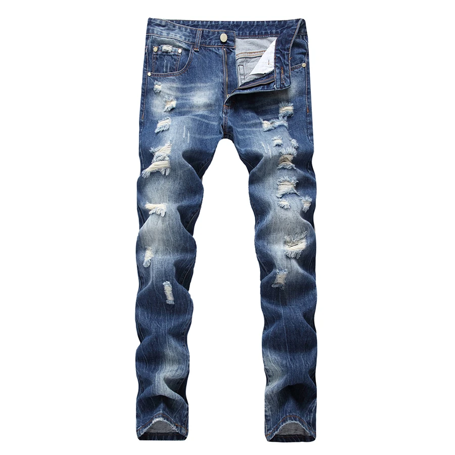 Smeiling Mens Casual Denim Pants Straight Ripped Hole Jeans Pants