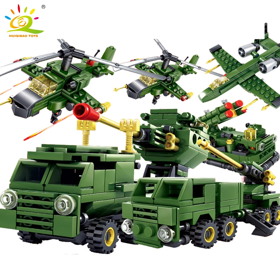 HUIQIBAO игрушки 438 шт. 6in3 армейский грузовик вертолет строительные блоки для детей