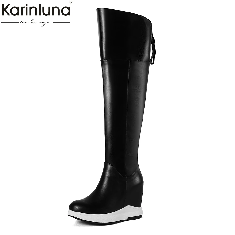 

KarinLuna Brand new Large Size 32-40 Cow Leather Hot Sale Zip Up Knee High Boots Woman Shoes Warm Plush Winter Boots Female