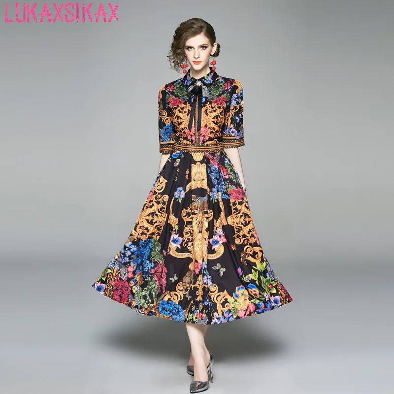 

LUKAXSIKAX New Arrival 2019 Spring Summer Women Dress High Quality Retro Print Runway Shirt Dress Elegant Long Dress
